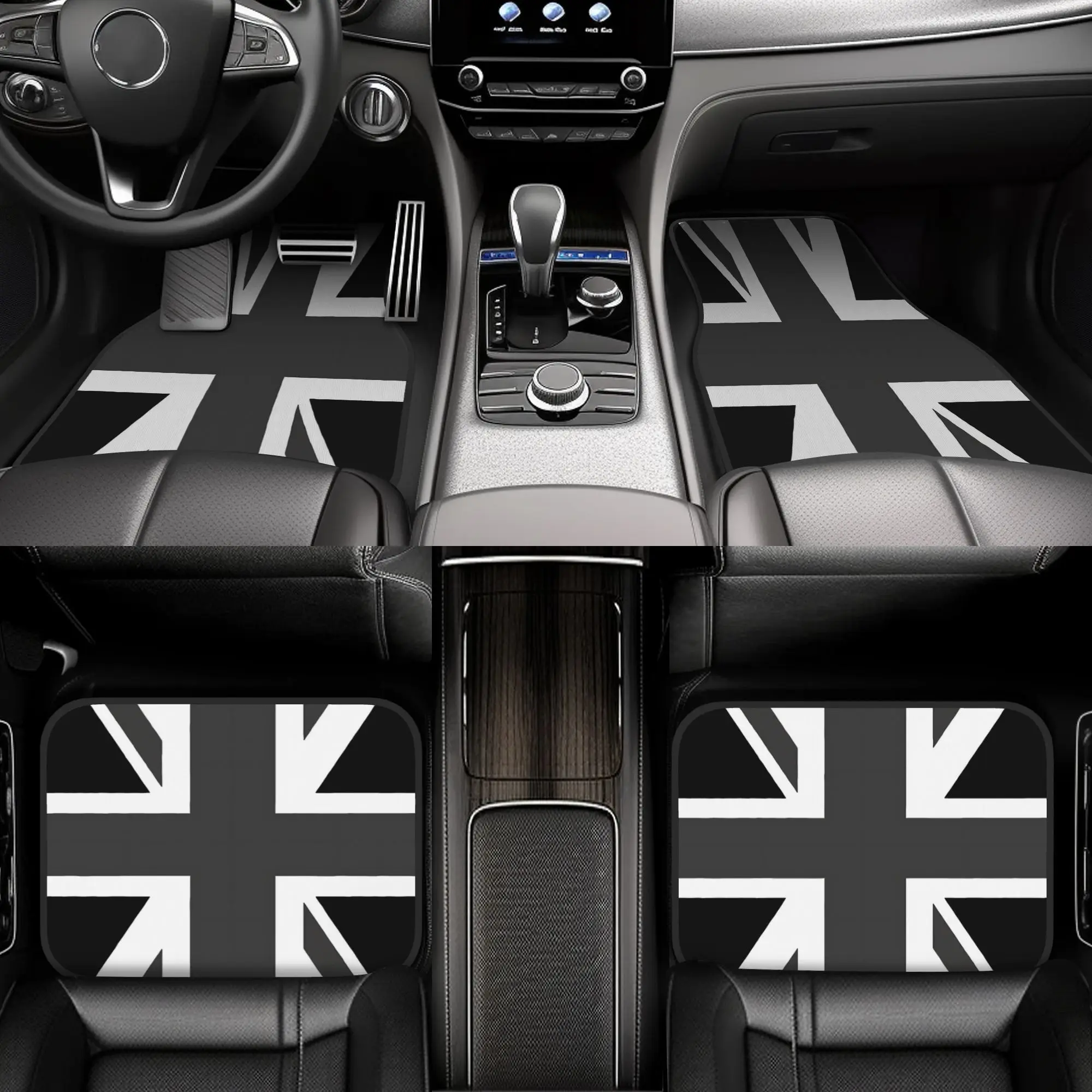 4pcs Union Jack Car Floor Mats - Heavy-Duty Non-Slip All-Weather Floor Liners, Fit For Cars, Trucks, SUVs - Easy-Clean Black & W