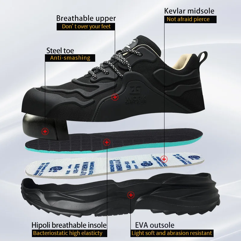 Black Safety Shoes For Men Size 38-46 Indestructible Shoes Puncture-Proof Work Sneakers Steel Toe Cap Protective Shoes Work Boot