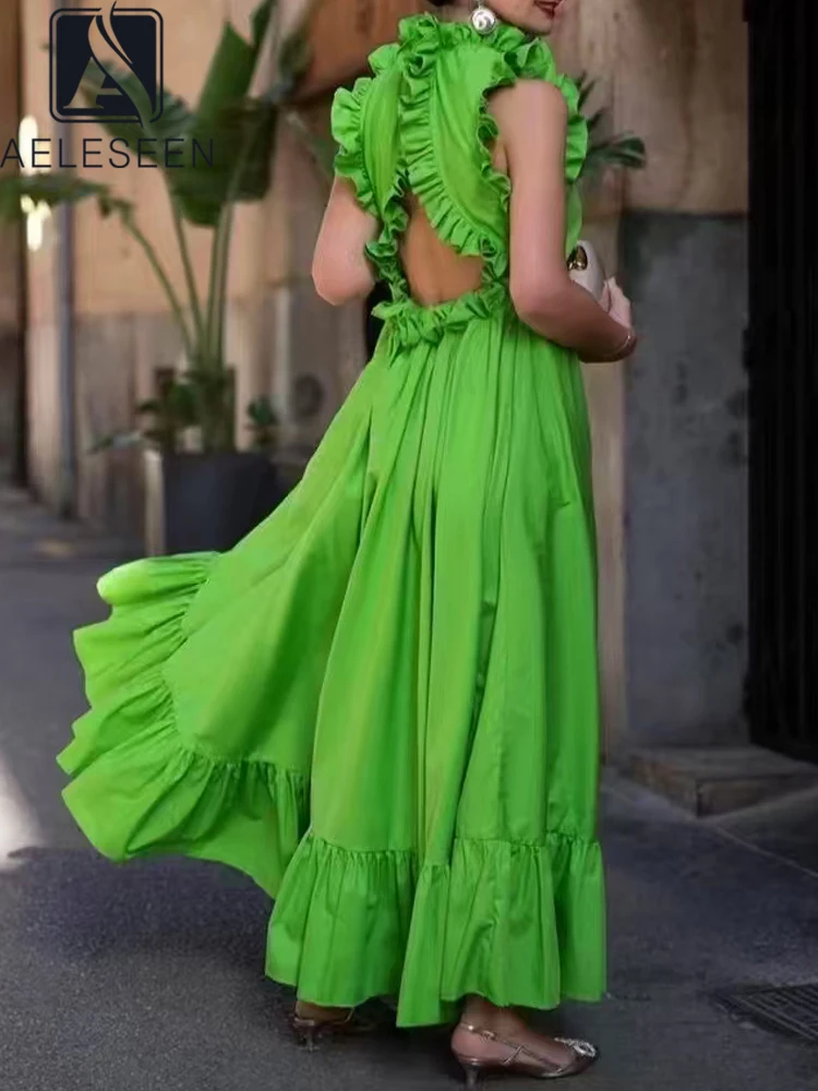 

AELESEEN 2025 Spring Summer Midi Dress Women Design Fashion Sleeveless Ruffles Backless Patchwork Casual Party Female Clothing
