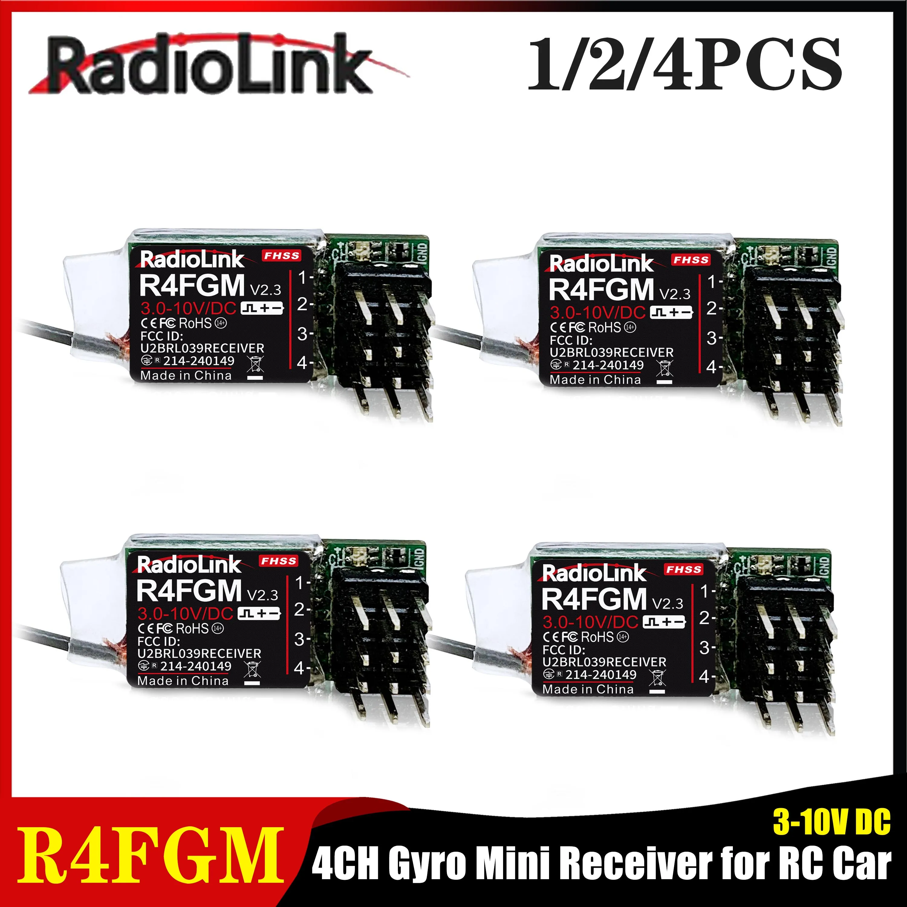 RadioLink R4FGM 2.4G 4CH Gyro Mini Receiver V2.3 for RC Car Boat Airplane Model Toys RC4GS/RC6GS//RC4G/T8FB/T8S/RC8X Transmitter