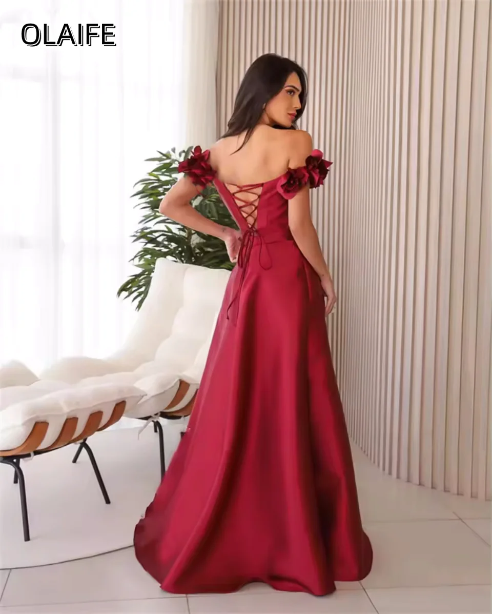 Satin A-Line Off The Shoulder Evening Dress Customized Flowers Sleeveless Slit Criss-Cross Sweep Train فساتين سهره نسائيه فخمة