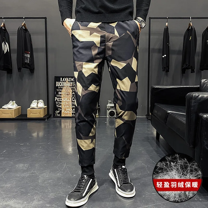 Thick and Warm Ankle Camouflage Trousers, Pressed Glue, Slim Fit, White Duck Down Pants, Winter Outerwear, Ankle