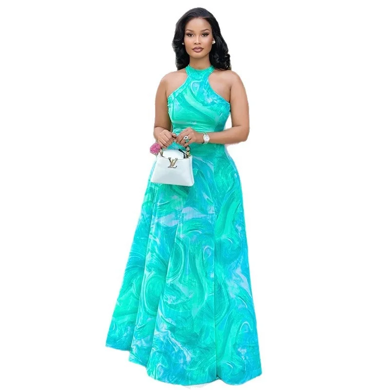2025 verão maxi vestido para mulheres elegante sem mangas halter pescoço impressão abstrata casual estilo de férias sexy flowy em camadas outfit