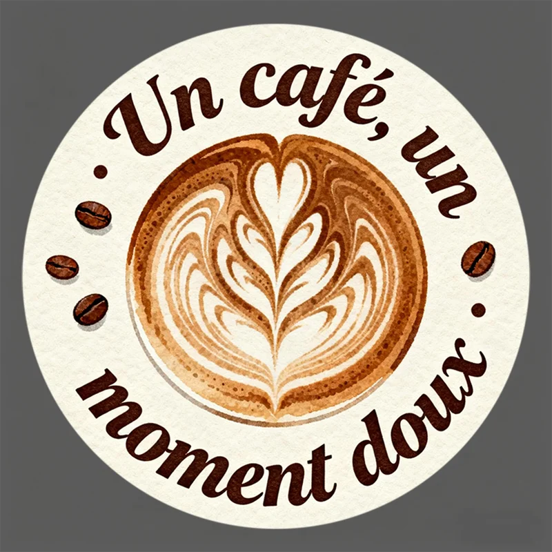 Pegatinas Redondas - Diseño de 'Un café, un moment doux' con Arte Latte y Granos de Café para Envoltura de Regalos, Decoración de Tarjetas de Felicitación