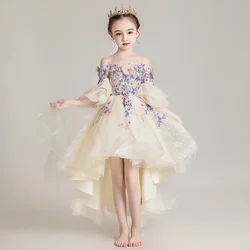 Vestido de cauda de princesa feminino, Trajes de verão infantil, Vestido de cauda infantil, Casamento, Aniversário, Festa de Ano Novo, Noite, 4-12 anos