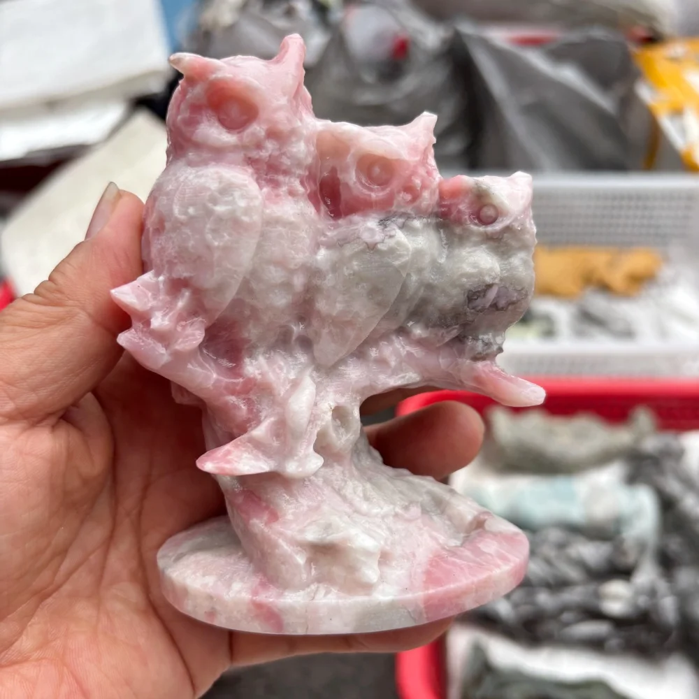Natural Quartz Pink Opal Owl Animal Carving Polished Reiki Healing Energy Stone Feng Shui Room Decor Gift for Peace & Harmony