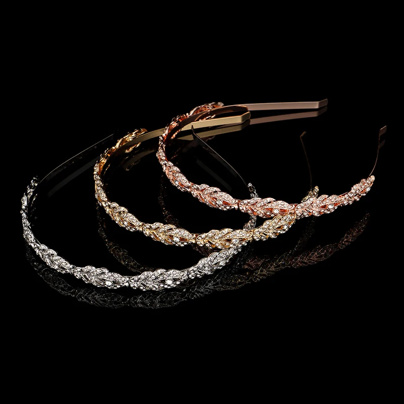 Kobiety kryształowa opaska do włosów ze strasem kwiatowy wzór w kształcie liścia Tiara elegancka biżuteria ślubna dla nowożeńców akcesoria do włosów korony panny młodej