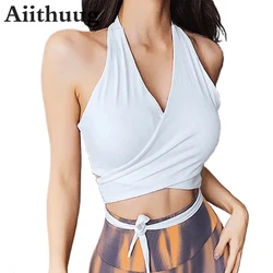 Aiithuug Deep V Neck Cross Tie Straps Yoga Crop Tops Sexy Back Removable Pad Fast Drying Tops Hanging Neck Gym Pilates Sportwear