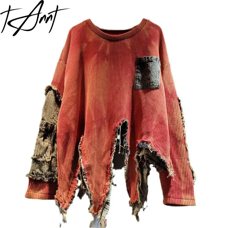 

Tannt Women Loose Sweater Knitted Top Casual Leasure Kintting pullover denim patchwork split Wholesale Dropship 2025