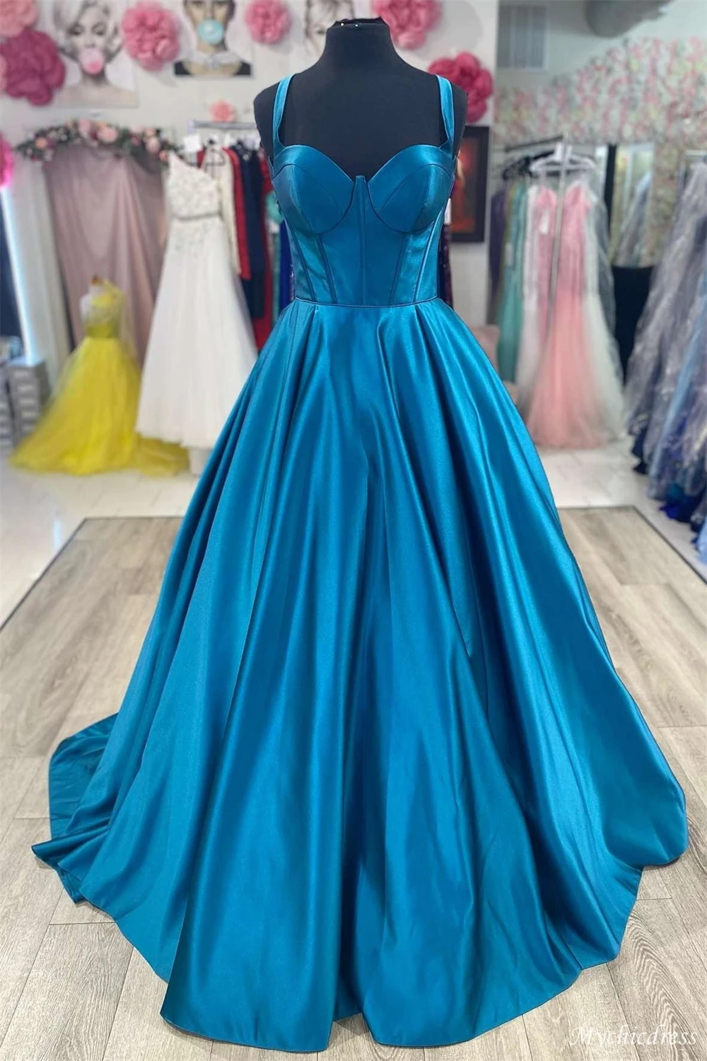 Hot Teal Blue Satin Long Prom Gown Simple Sweetheart Formal A Line Corset Evening Dress Customized