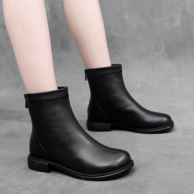 Leather Chelsea Boots Women  Autumn Black Fashion Motorcycle Boots Non Slip Female Shoes Booties Chunky Boots Handmade