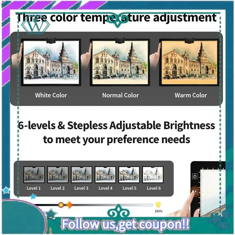 A75Q-Rechargeable A3 Light Pad For Diamond Painting,Tracing Light Box With Stand And Clip,3 Colors Stepless Dimmable