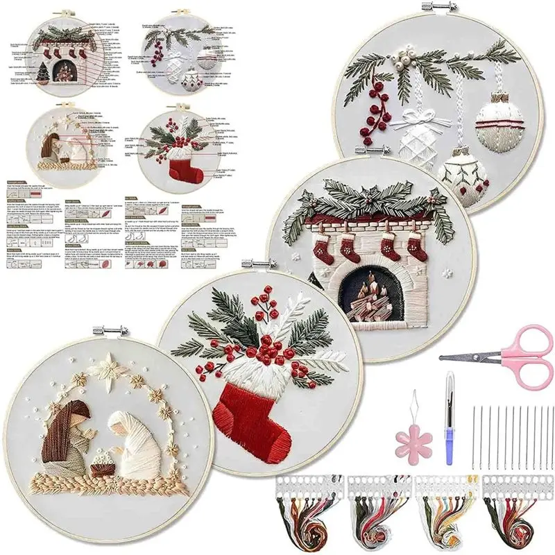 

【NOW SAVE】Christmas Embroidery Kit For Adults(4 Sets), For Beginners, Includes Cross Stitch With Pattern