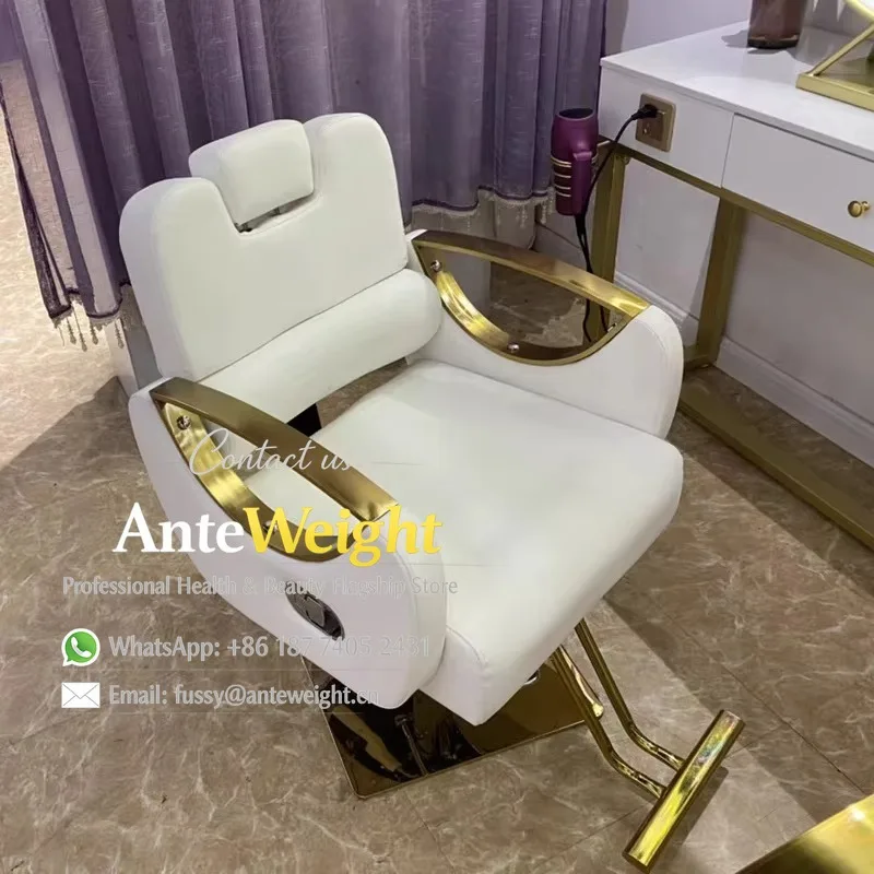 White Salon Electroplated Metal Chair Cutting Hair Color Hair Lift Simple Leather Can Be Placed Upside Down Barber Chair 2026