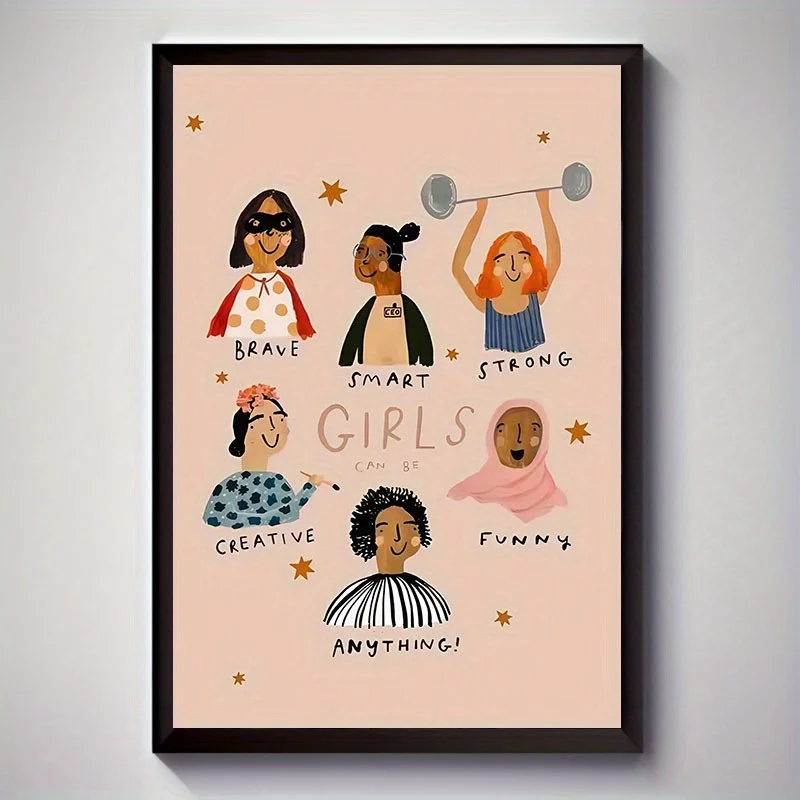 

1 шт. безрамный вдохновляющий постер с надписью «Girls Power», холст с мультяшным рисунком в стиле ар-деко, современный настенный декор, художественное полотно
