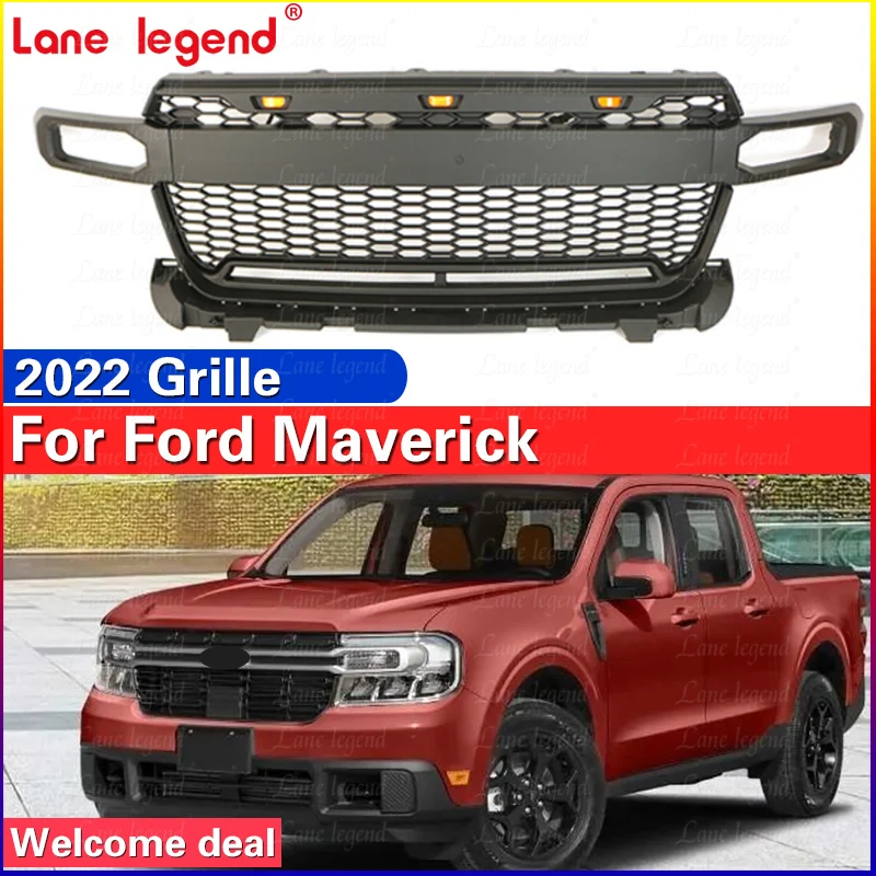 Front bumper matt black grille with LED light grille For Ford Maverick 2022+ ABS car styling tools  Front Grille Ventilation Net