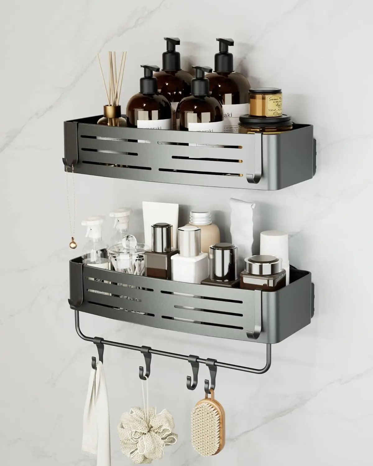 

2-Pack Gray Shower Caddies Removable Suction Cup Bathroom Shelf With Portable Hooks Waterproof Shower Organizer Towel Bar Holder