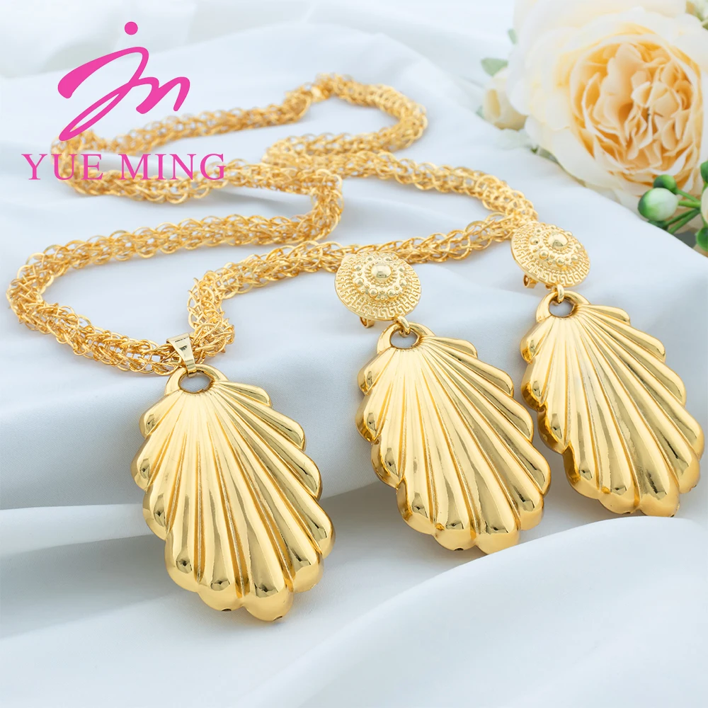 YM 2PCS Jewelry Sets for Women 80CM Copper Necklace Earrings Shell Pendant Gold Plated Luxury Nigeria Dubai Jewelry Accessories