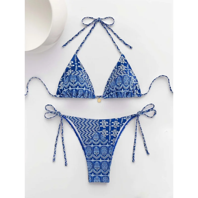 2024NewbikiniHot-Selling Floral-Print Lace-up Sexy Bikini Split Swimsuit Swimwear