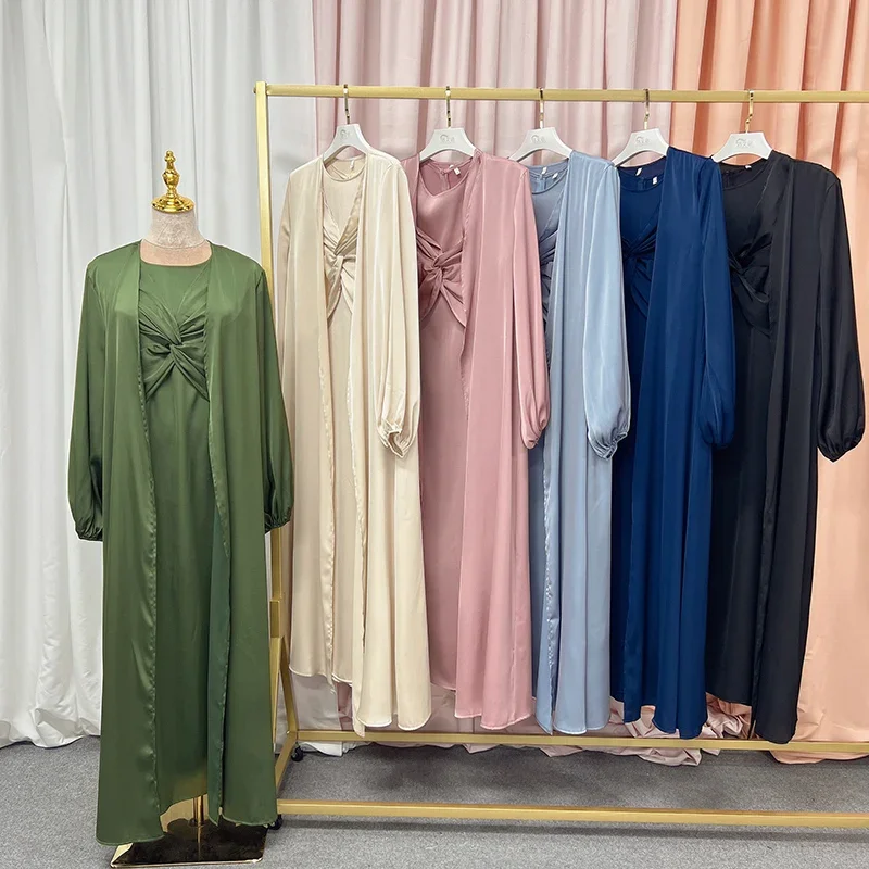 Abaya Two Piece Satin Set Muslim High Quality New Design Kimono Maxi Dress Wholesale Islamic Clothing Long Sleeve Abaya