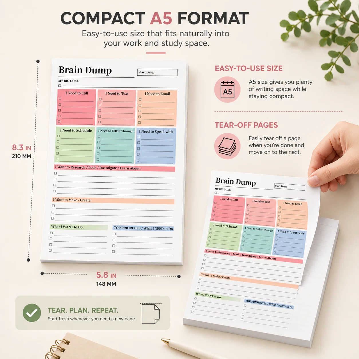 1 PC A5 Brain Dump Notepad, Minimalist Daily Planner with Tear-Off To Do List, Multiple Functional Sections.