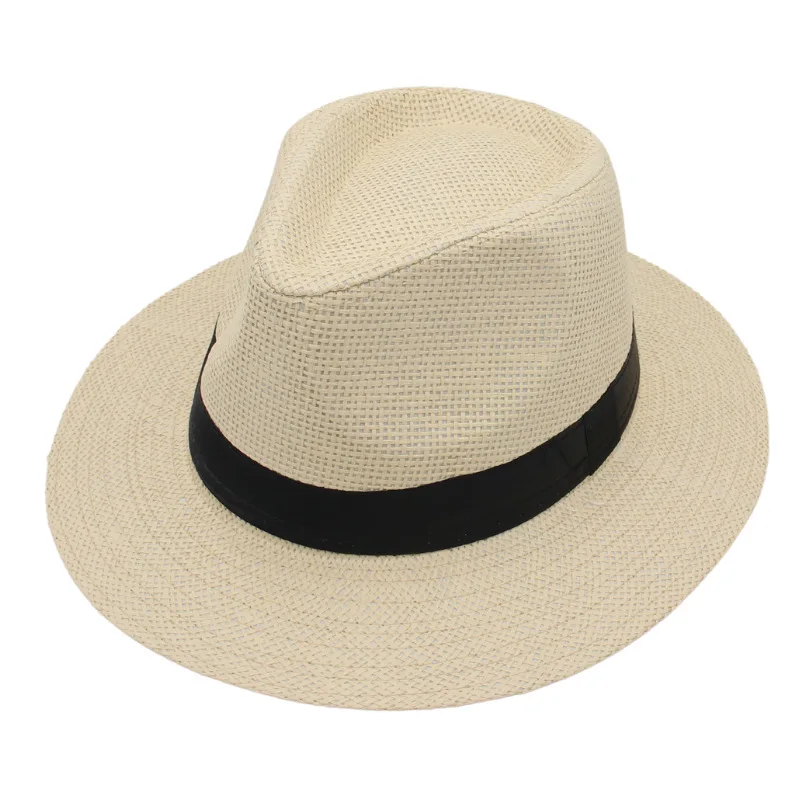 Vintage Men Panama Hats Summer Straw Caps Solid Color Casual Jazz Hat Top Hat Women Beach Sun Hats Anti-UV Wide Brim Cap 57-62cm