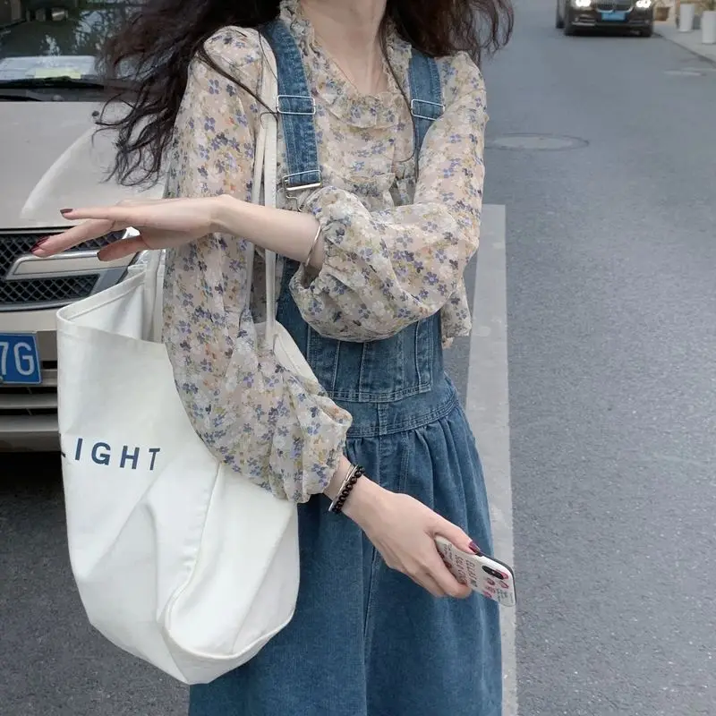 Blouses Women Summer Floral Pattern Thin Cool Clothing Female Casual Classy Full Sleeve Ruffled Retro Teens Chiffon Tops Ins Fit