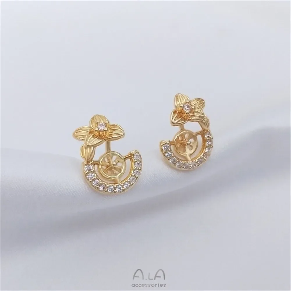 

14K Gold Inlaid Zircon Lucky Grass Half Hole Bead Holder Flower Shaped Earrings 925 Silver Ear Needles DIY Sticky Pearl Jewelry