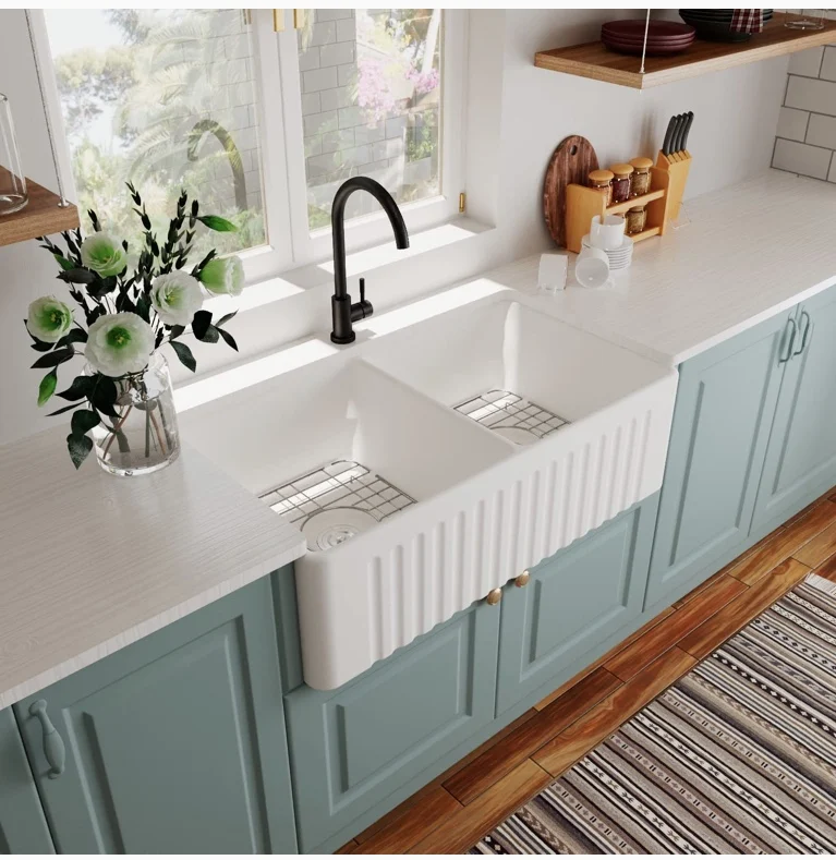 Kitchen, ceramic, large, front semi-recessed, balcony, undercounter basin, dishwasher, refractory clay double sink