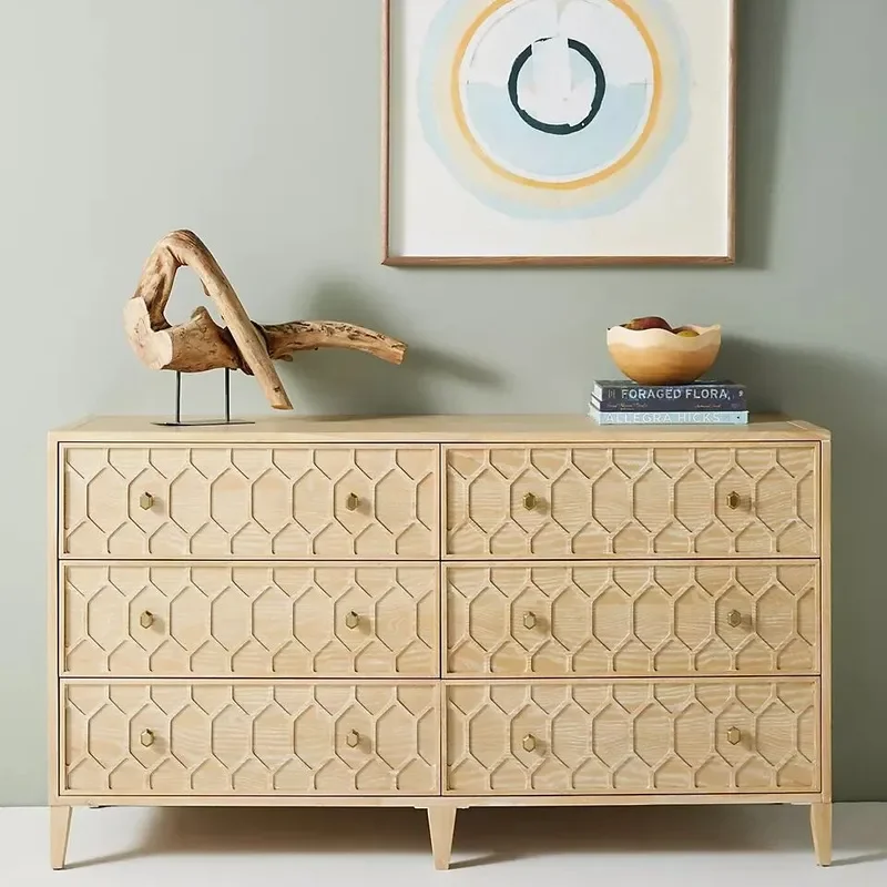 American Retro Solid Wood Sideboard Weathered White 4 Door Cabinet with Drawers Dining Room Storage Chest for Tableware