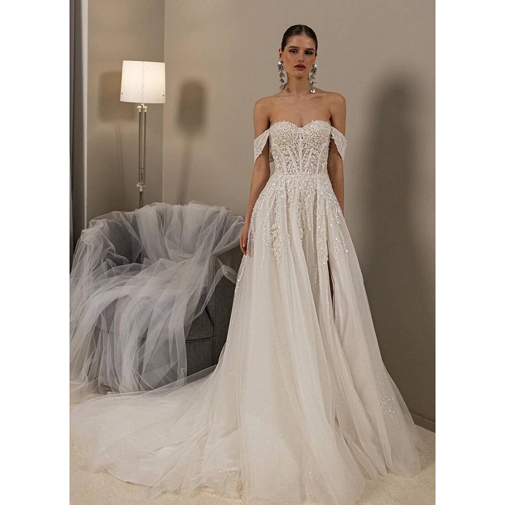 Off Shoulder Tulle A-line Boho Sequins Lace Wedding Dress Beach Lace up Back Side Split Bridal Dress with Train Custom Made