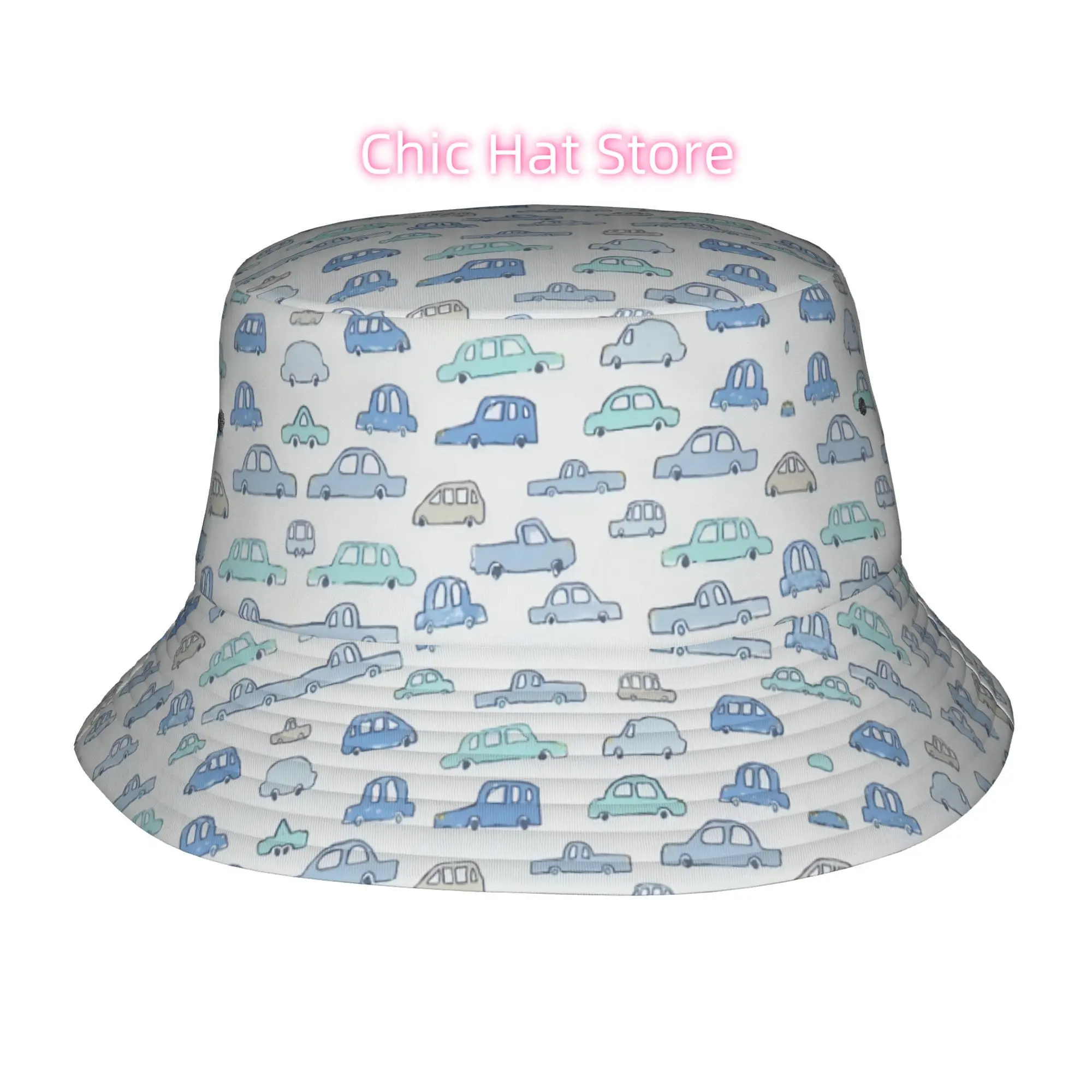 1pc Blue Cartoon Car Pattern Fully printed fisherman hat beach hat, unisex outdoor sun hats, sun hats, fashionable bucket hatss