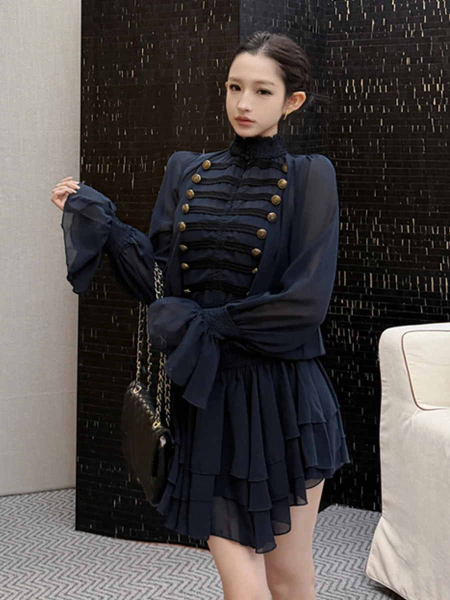 Retro Spicy Girl Style Asymmetrical Metal Buckle Decoration Half High Collar Long Sleeve Dress with Inner Matching Strap Dres...