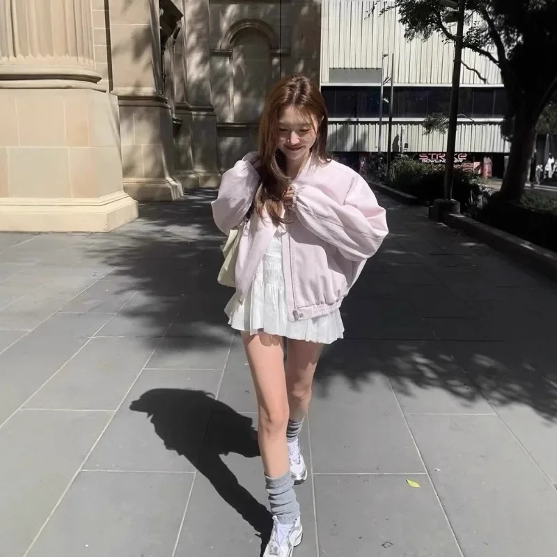 ربيع 2025 جديد الكورية الحلو فضفاض التلبيب سستة الصلبة قصيرة نمط سترة صغيرة واضحة ملابس خارجية المرأة الأعمال معطف غير رسمي