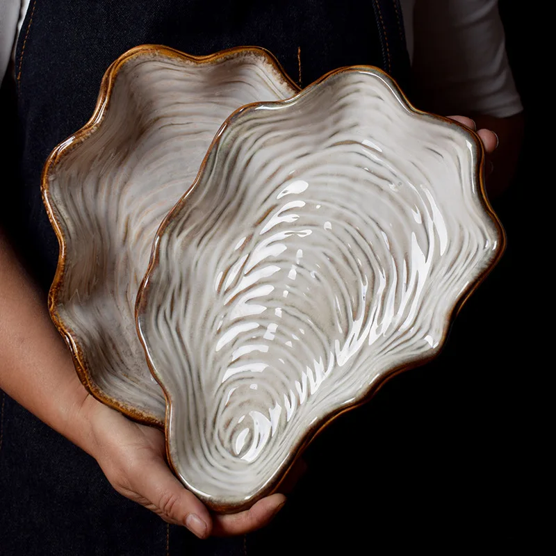 

Shell Shape Ceramic Food Dish Plate Irregular Shell Plate Tableware Creative Oyster Shell Dish Japanese Restaurant Dinnerware