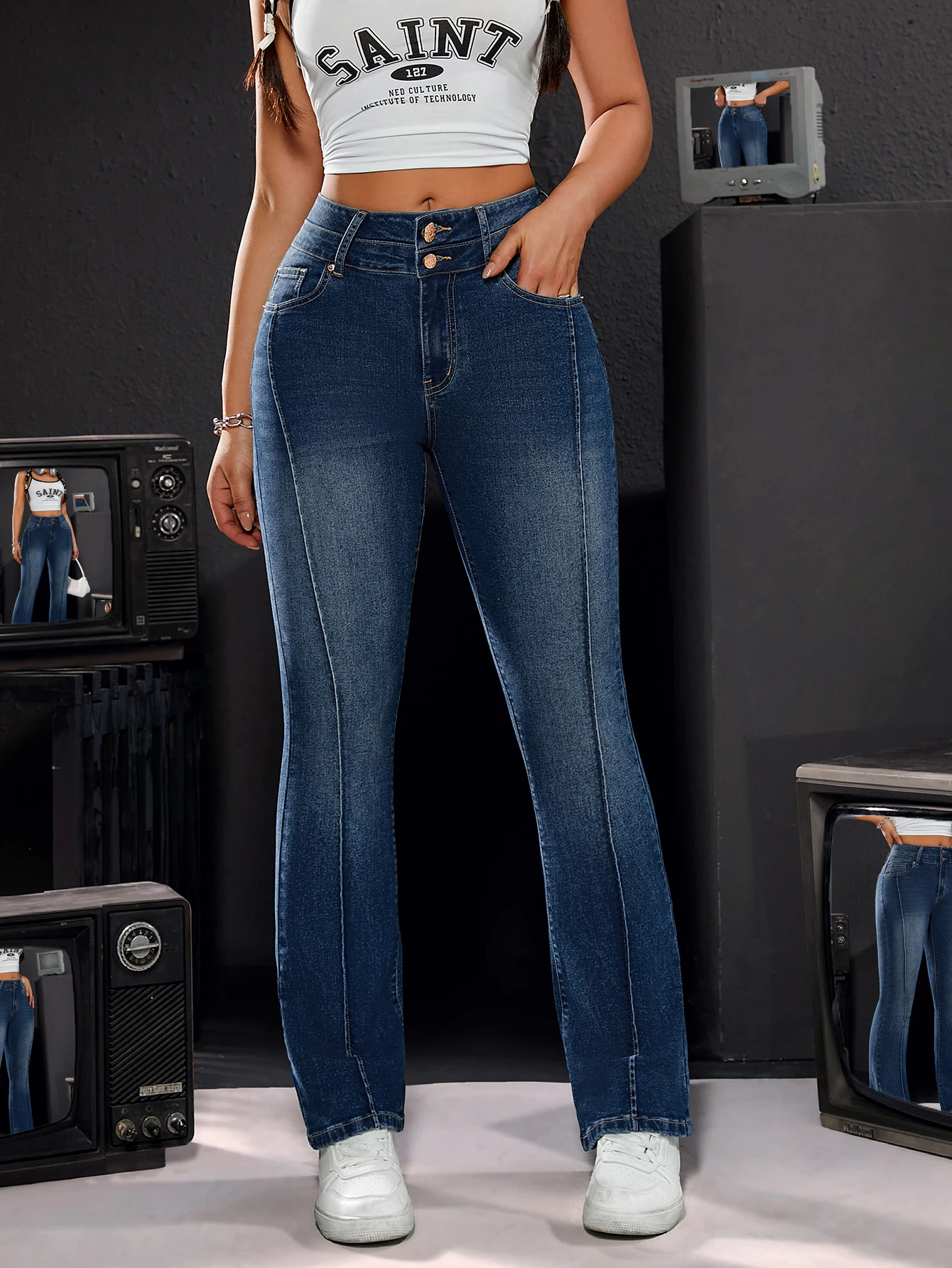 Women's High-Waisted Stretch Denim Trousers Double Button Detail Comfortable Fit Straight Leg Jeans - Image 3