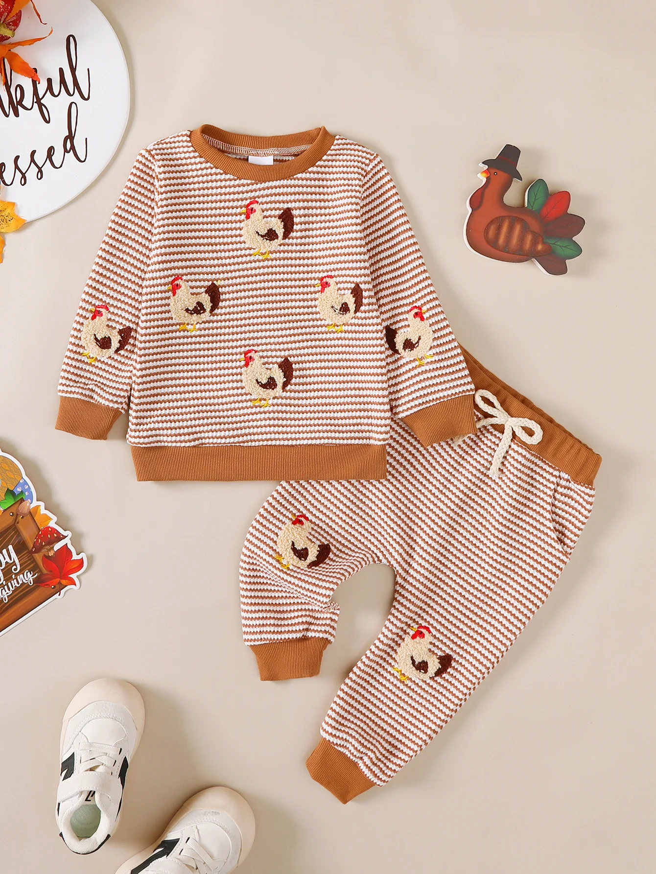Baby Boy Spring Autumn Rooster Embroidery Outfit Long Sleeve Long Pants Set for Infants