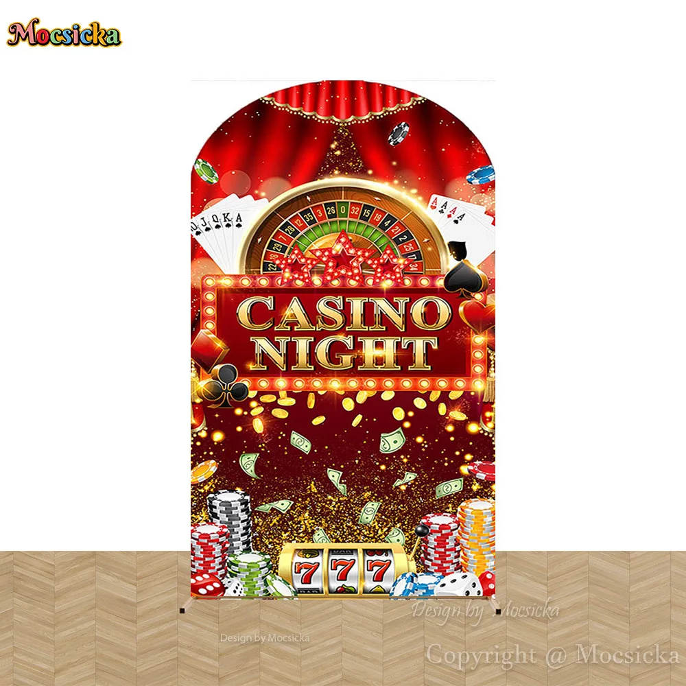 Mocsicka Казино Ночь Взрослый День Рождения Крышка Арки Фон Фотография Золотая Монета Покер Красный Занавес Фон Фотозона Опора
