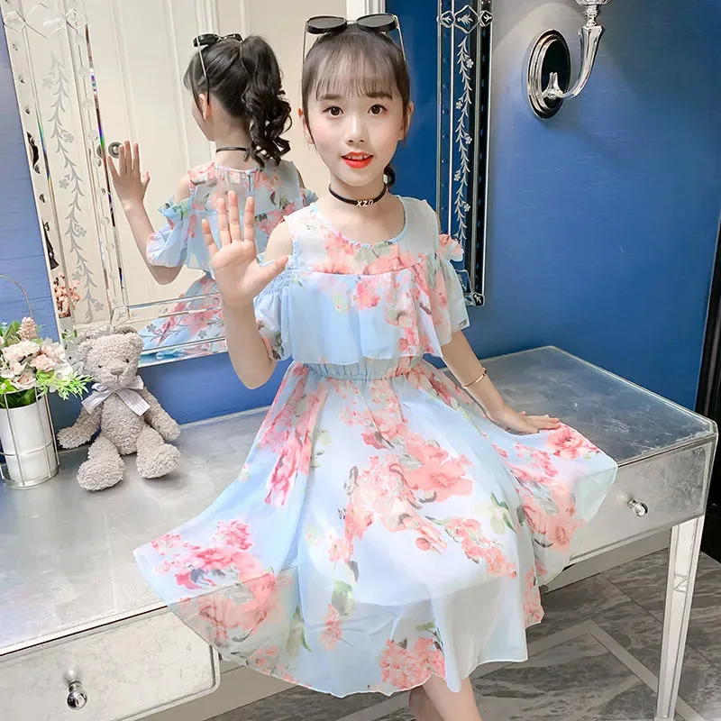 

2025 Summer Kids girls chiffon mesh lace Tulle chemise Dresses layered Princess Children braces Floral skirt teens 4 13 Years