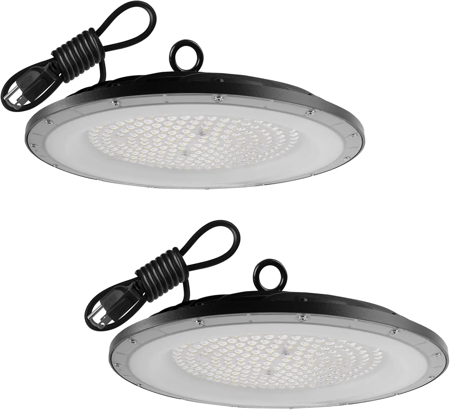Paquete de 2 Lámparas LED UFO High Bay, 150W 6500K, IP65 Impermeables y Resistentes a Impactos con Cable de Alimentación, 21000 LM, Luces para Taller