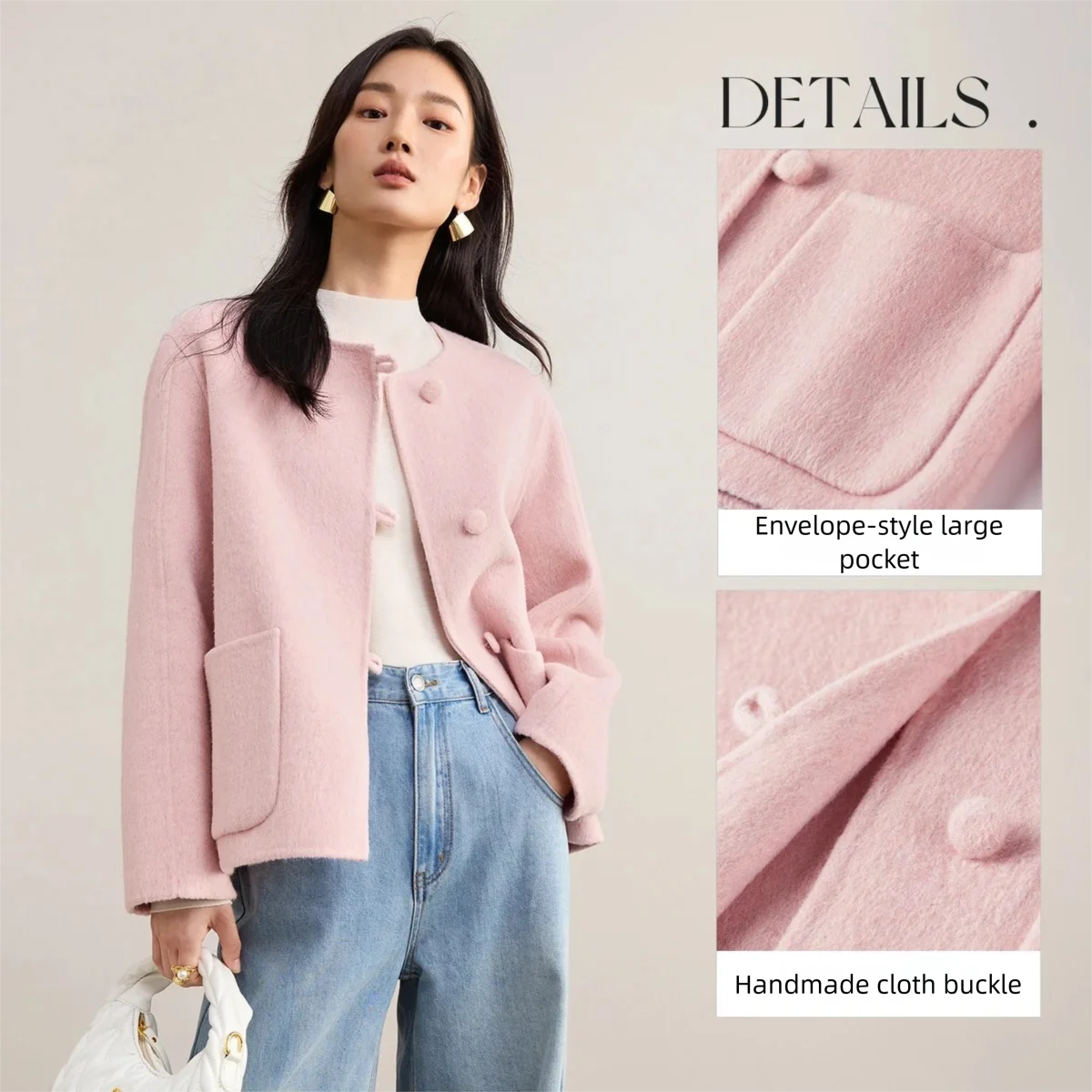 Dámská oboustranná bunda SENTUBILA z vlněné směsi, zimní 2025, výstřih do O, zapínání na knoflíky, termo, vícebarevný kabát W54OG8758 - náhled 3