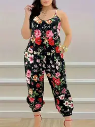 Floral Print Spaghetti Strap Jumpsuit, Vacation Style Sleeveless Dual Pockets Jogger Jumpsuit For Spring & Summer, Women's Cloth