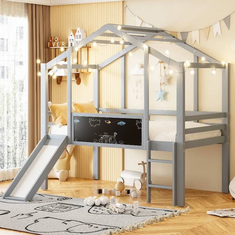 Lit mezzanine pour enfants avec design maison, toboggan, échelle, tableau noir, barrière de sécurité, lit simple en bois massif, lit superposé multifonctionnel pour garçons et filles, gris