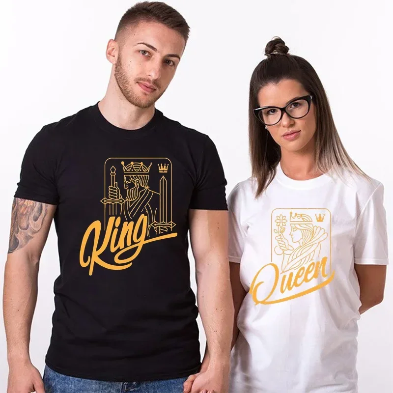 King Queen Printing Lover Couples Tee Shirt Harajuku Women's T-shirt Crown Printing Couple Clothes Summer Women Man Tops