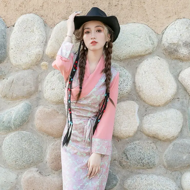 Tibétain Internet célébrité été couleur contraste faux deux pièces tempérament pot village jupe bola vêtements tibétains