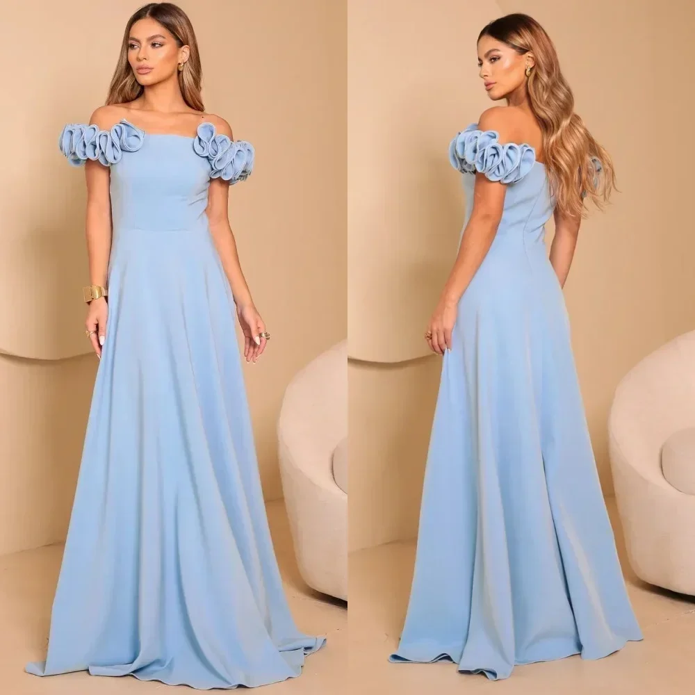 

Customized Classic Jersey Flower Pleat A-line Off-the-shoulder Long Dresses Evening Dresses Exquisite Modern Style Pastrol Chine