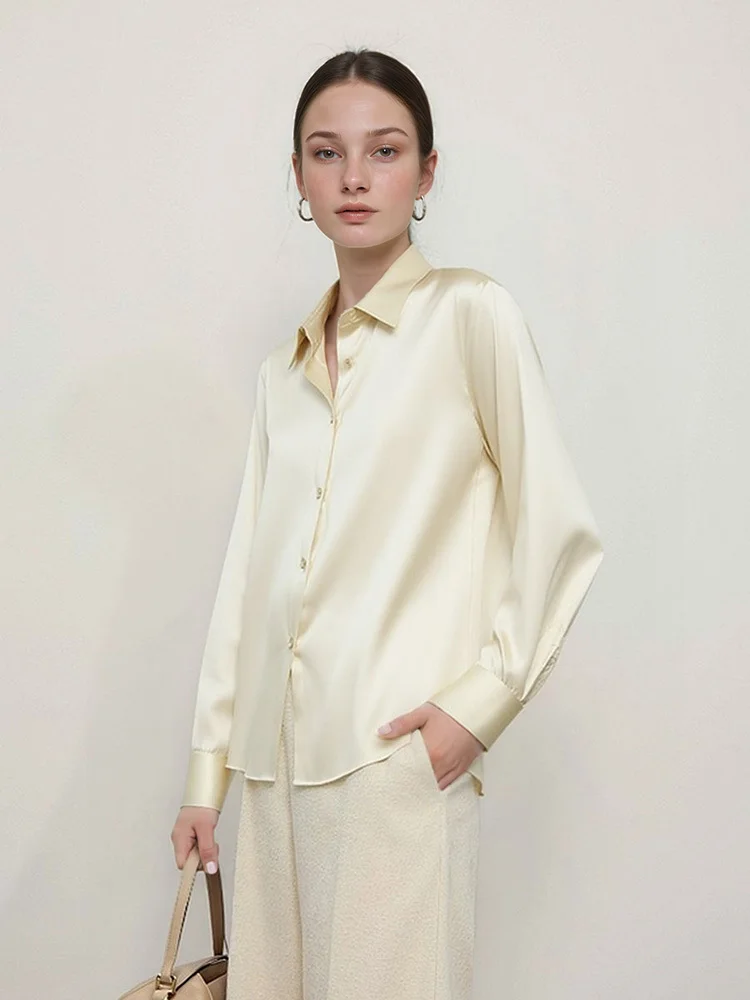 

Spring Summer Women Satin 93% Silk Shirts Turn Down Collar Long Sleeve Loose Solid Color Blouses Tops