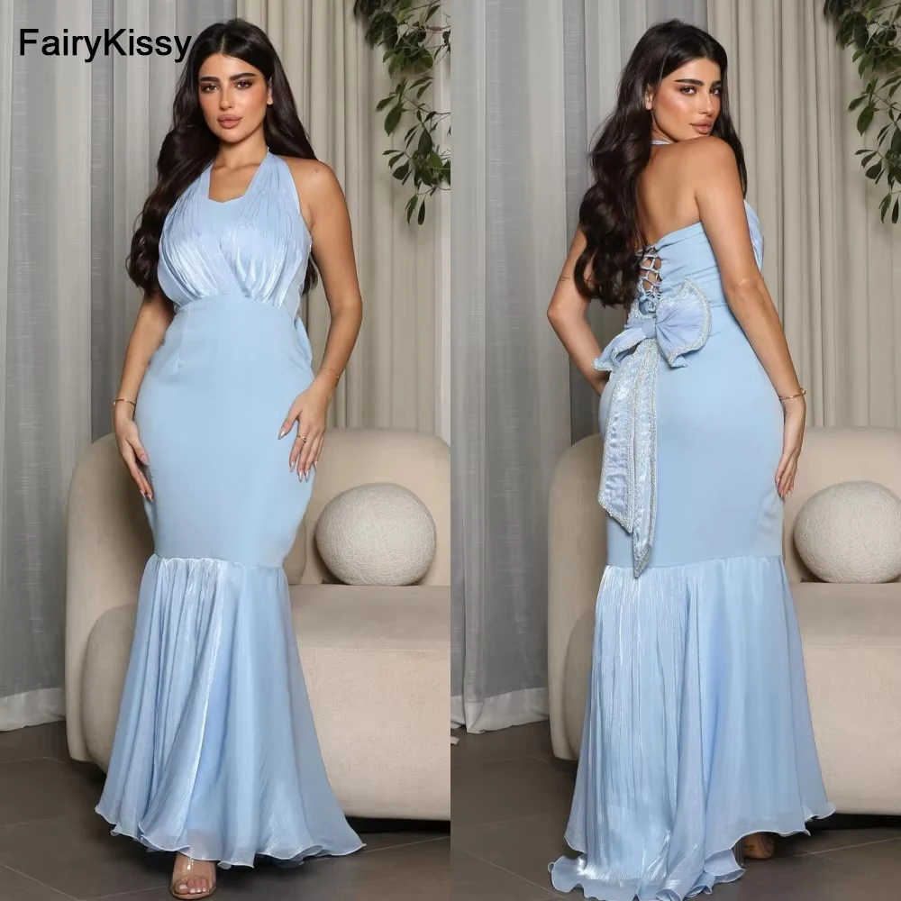 

FairyKissy Exquisite Customized Modern Style Sexy Pleat Bow Sequined Draped Mermaid Halter Midi Dresses Bespoke Occasion Dresses