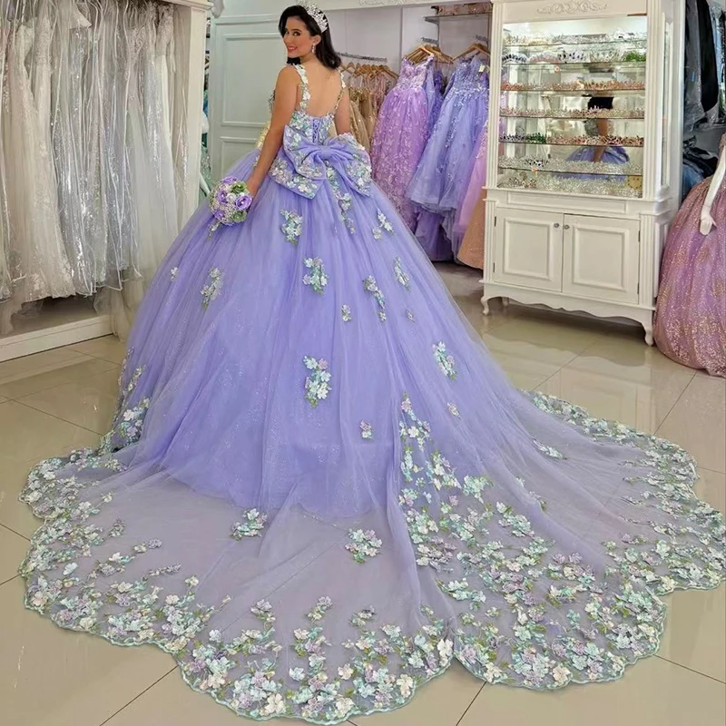 

Романтическое платье Quinceneara с объемными цветами и вышивкой из кружева с бальным платьем без рукавов с квадратным воротником и бантом для выпускного вечера Robes De SoiréE