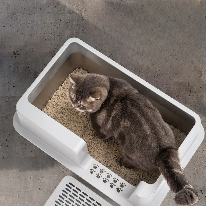 Stainless Steel Cat Litter Box Semi-closed Easy Clean Thicken Leakproof Cat Bedpans Large Space Cats Sandbox Pet Products